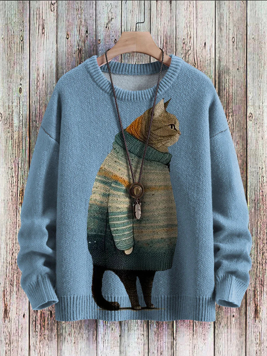 Men's Sweater Cute Cat Art Pattern Print Casual Knit Pullover Sweater