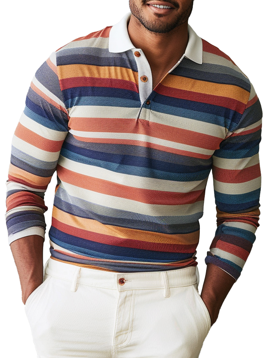 Men's Fall Multicolor Stripes Long Sleeve Polo Shirt