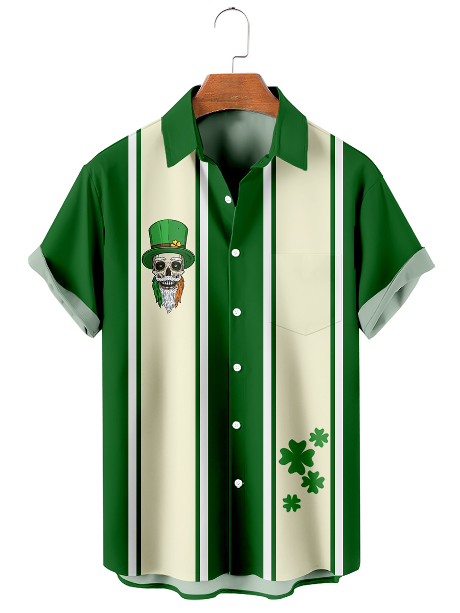 Men's St. Patrick's Day Fun Clover Print Bowling Shirt