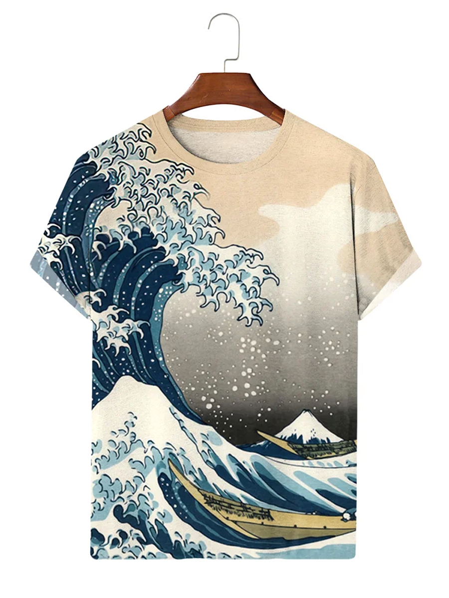 Japanese Style Retro Ukiyo-e Men's T-Shirt Wave Art Comfortable Tops