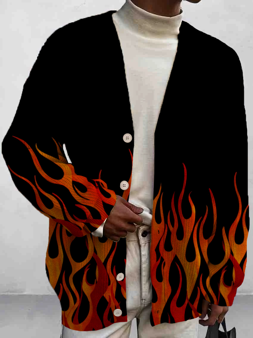 Men's Vintage Flame Print Buttoned Cardigan Sweater