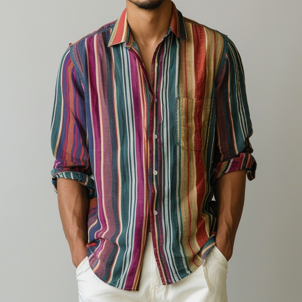 Men's Retro Colorful Stripes Long Sleeve Shirt