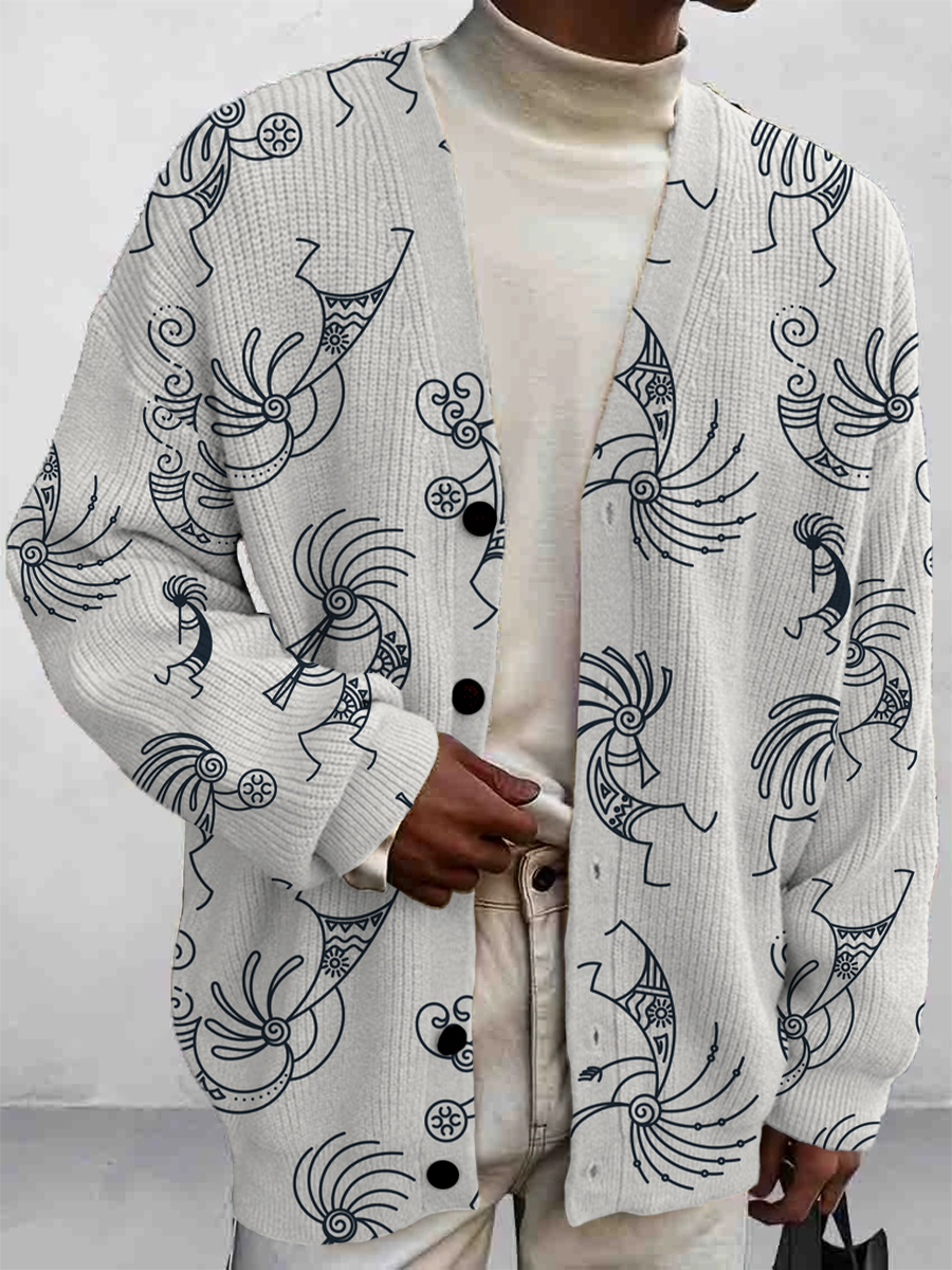 Men's Retro Kokopelli Pattern Hand Style Buttoned Cardigan