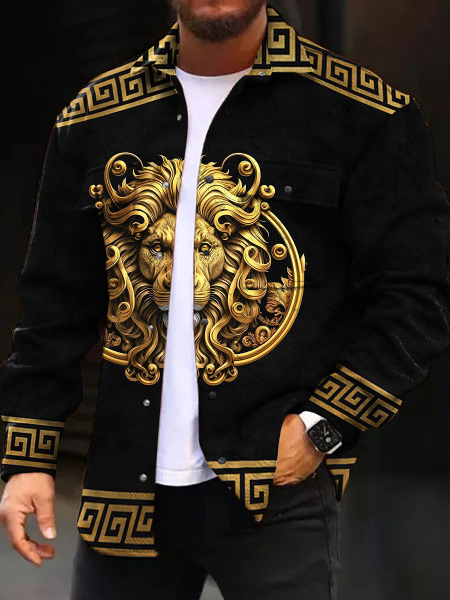 Men's Casual Jacket Stylish Gold Lion Pattern Long Sleeve Pockets Corduroy Shirt Jacket