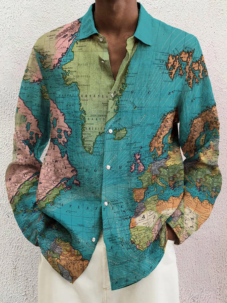 Men's Casual Shirt Vintage Map Print Turndown Long Sleeve Print Shirt