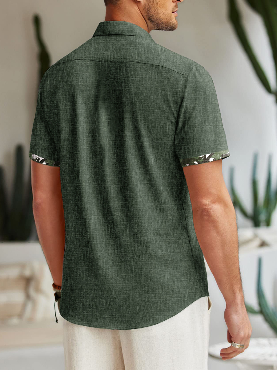 Men's Cotton-Linen Shirts Summer Camouflage Patchwork Lightweight Hawaiian Shirts