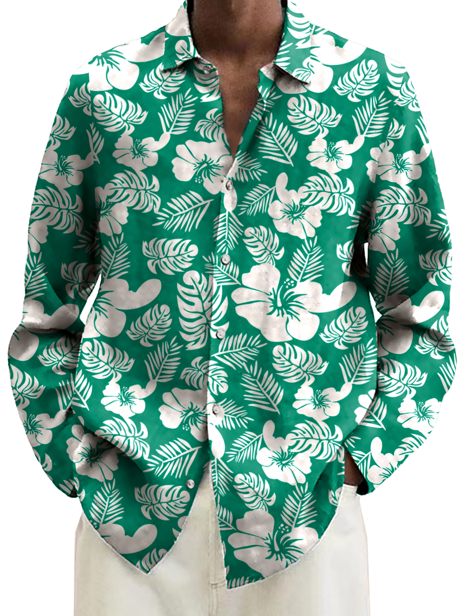 Retro Hibiscus Print Long Sleeve Hawaiian Shirt