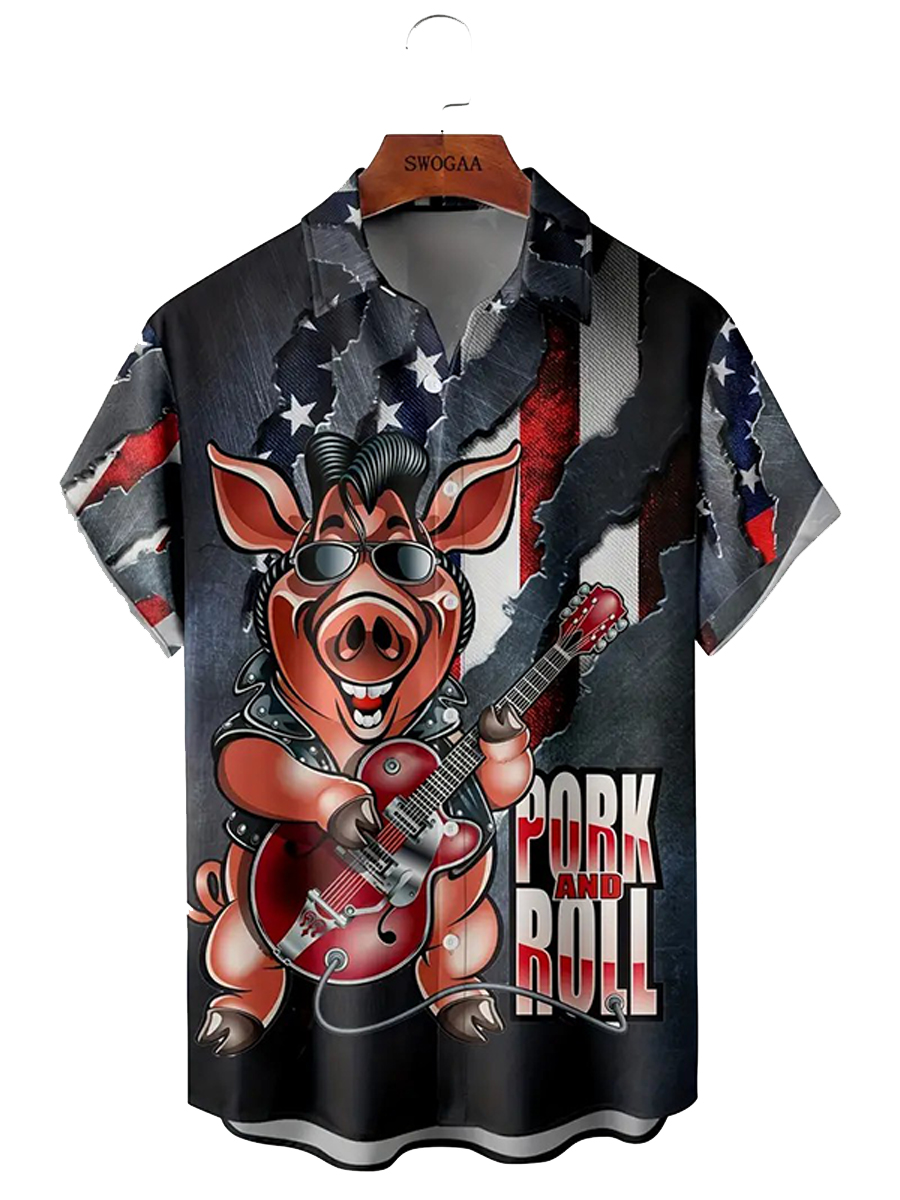Memorial Day American Flag Pock Roll Print Chest Pocket Casual Shirt