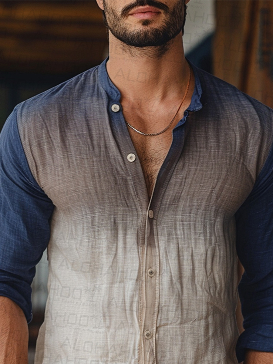 Men's Cotton-Linen Shirt Retro Ombre Breathable Plus Size Shirts