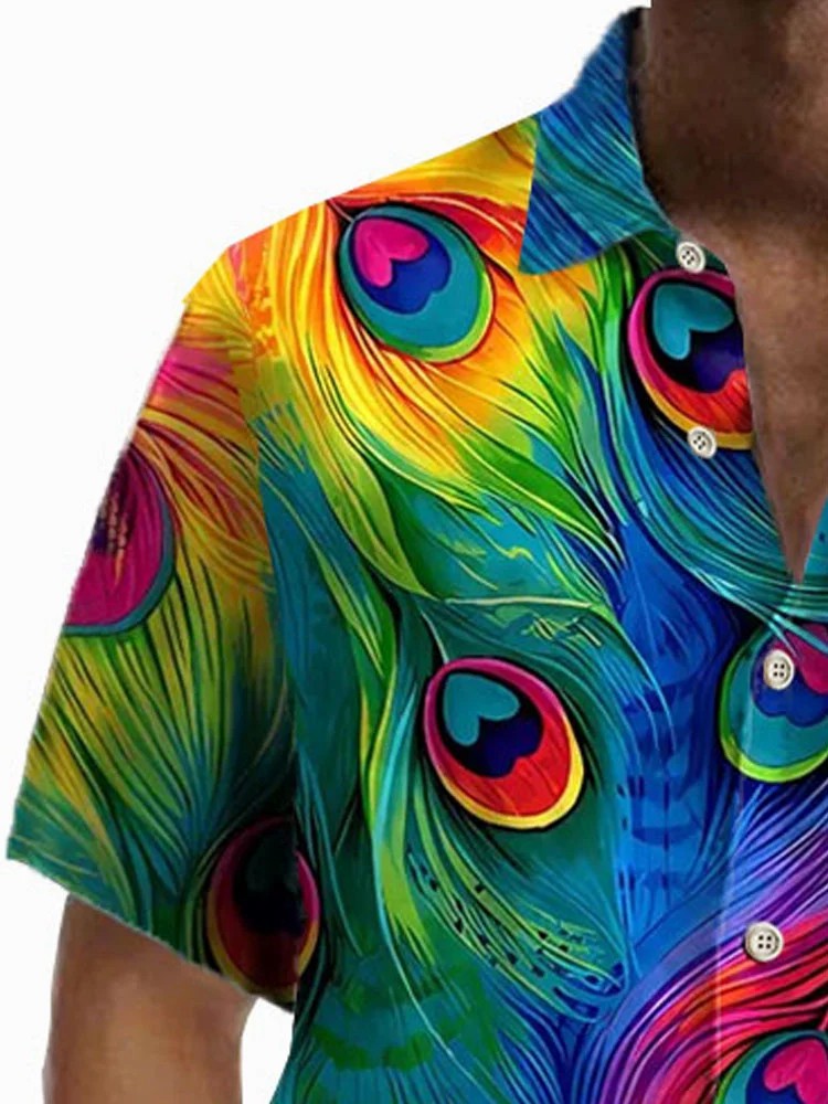 Hawaiian Peacock Feather Print Men's Button Pocket Short Sleeve Shirt