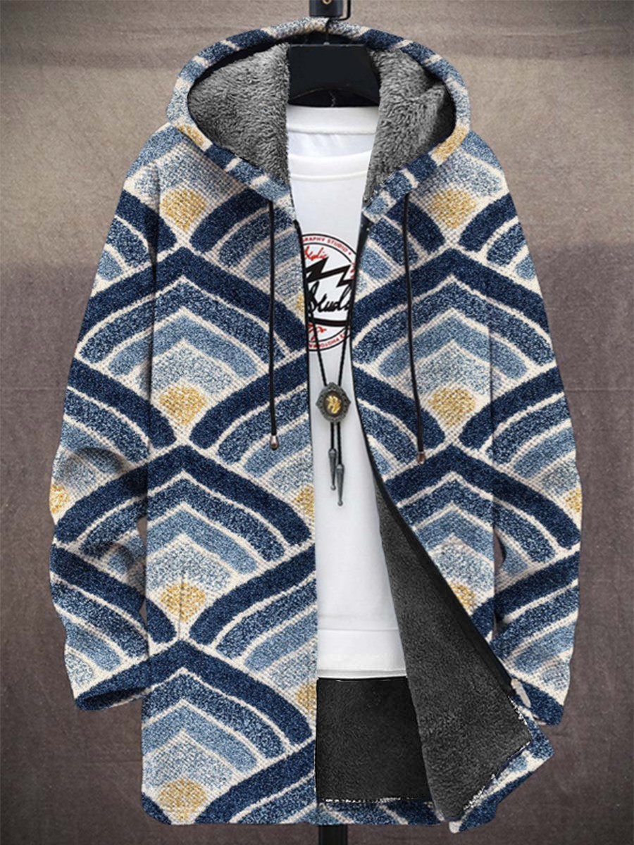 Men's Classic Pattern Pattern Print Hooded Two-Pocket Fleece Cardigan Jacket