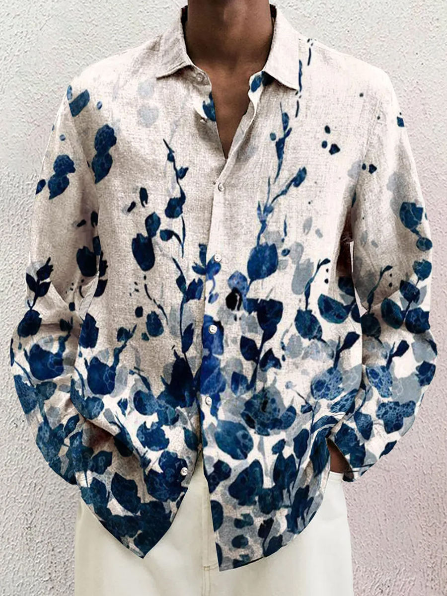 Men's Casual Shirt Floral Print Turndown Long Sleeve Print Shirt