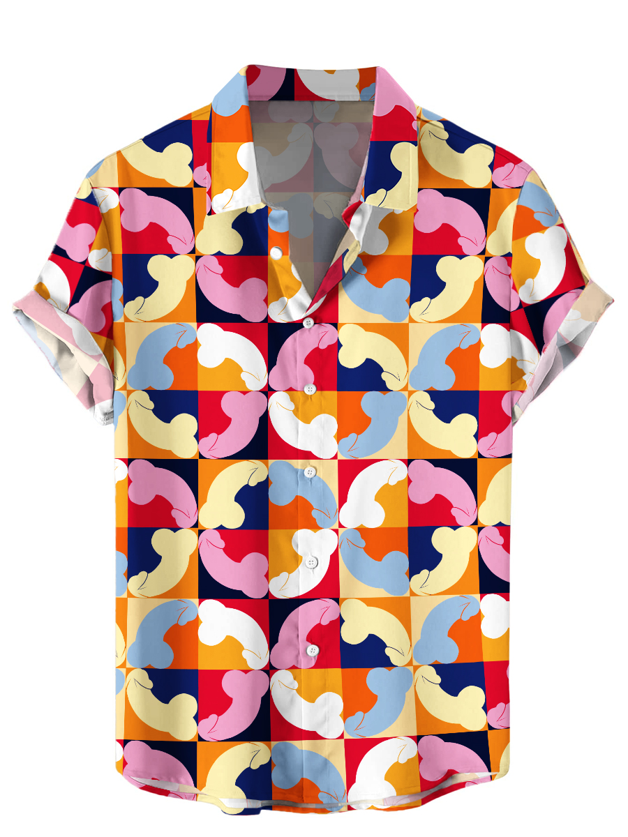 Men's Hawaiian Shirts Fun Colorblock Cocks Print Aloha Shirts