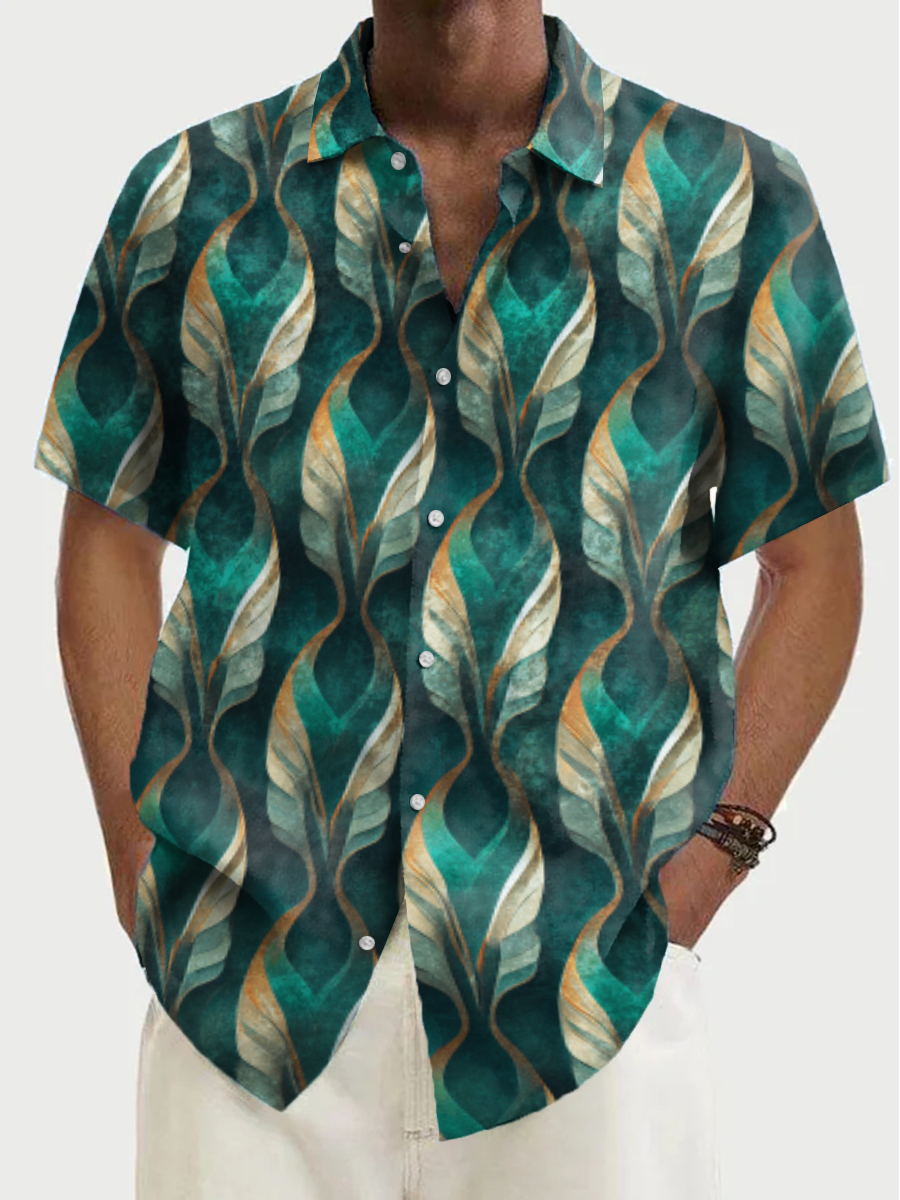Men's Peacock Feather Art Pattern Short Sleeve Casual Shirt