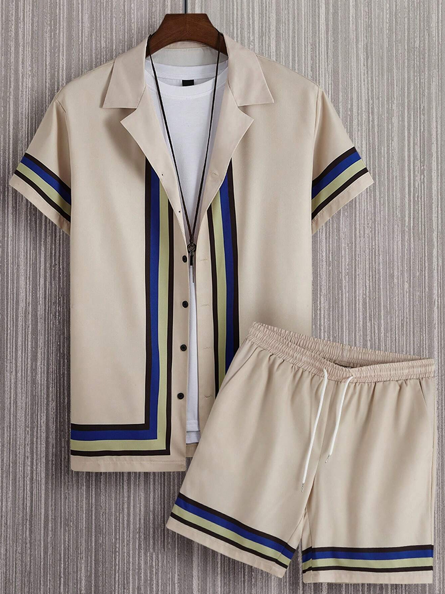 Men's Sets Hawaiian Lines Print Button Pocket Two-Piece Shirt Shorts Set