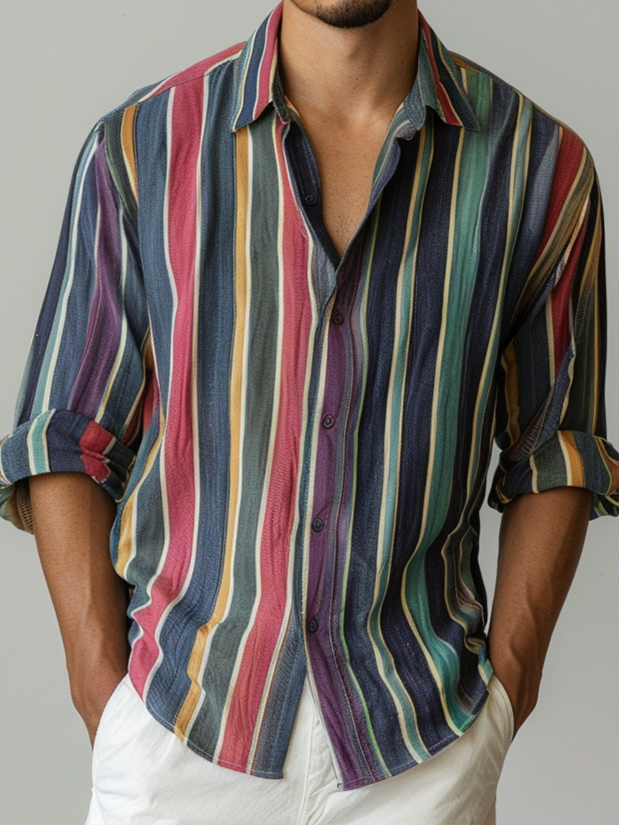 Men's Retro Colorful Stripes Long Sleeve Shirt