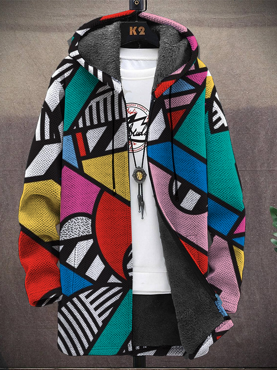 Men's Retro Rainbow Geometry Art Design Print Hooded Two-Pocket Fleece Jacket