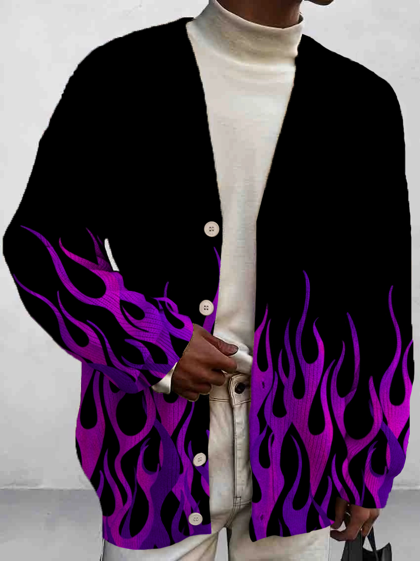 Men's Vintage Flame Print Buttoned Cardigan Sweater