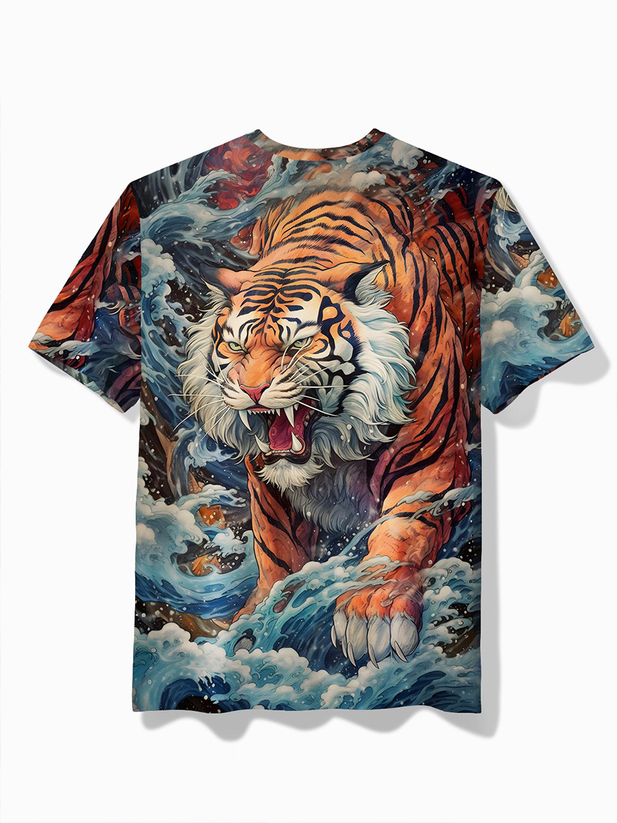 Vintage Japanese Style Ukiyoe Tiger Print Men's T-Shirt Big Tall