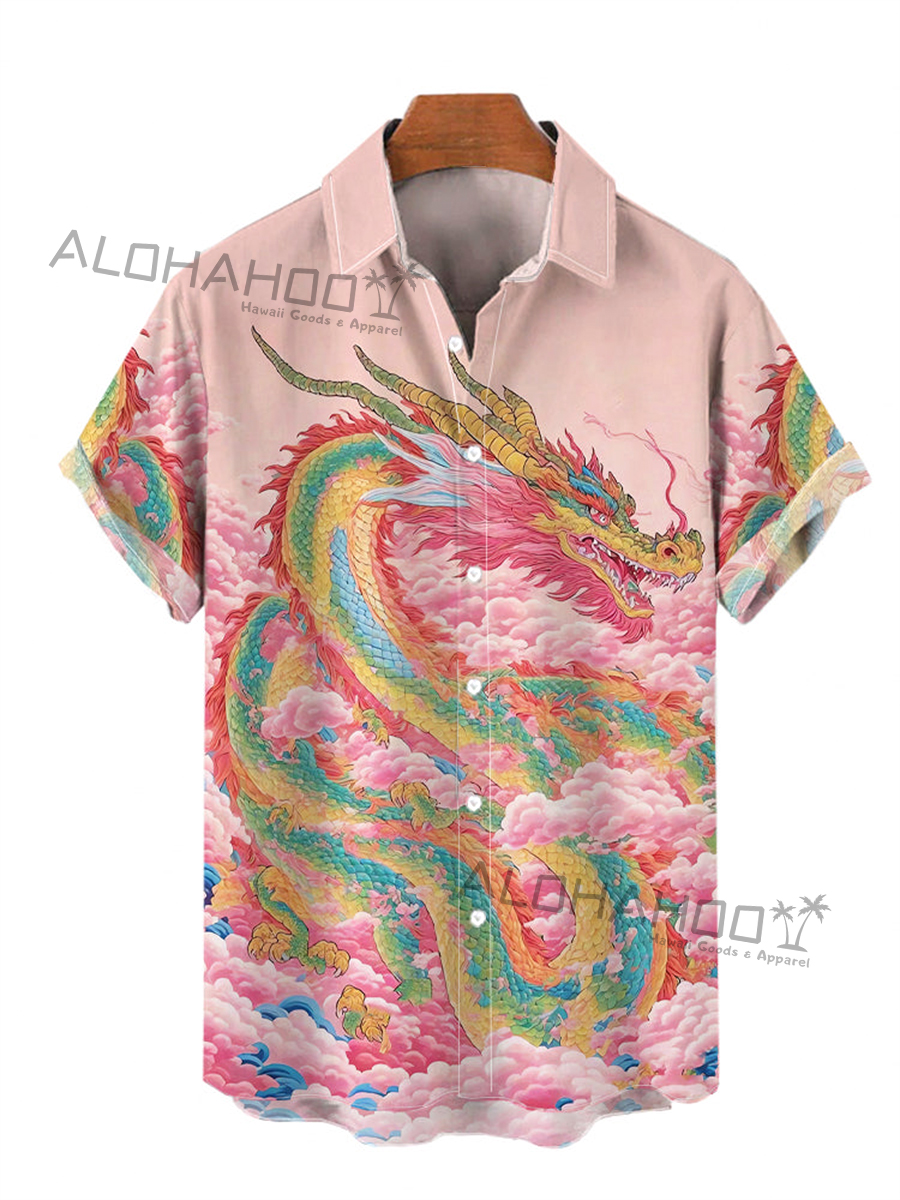 Pink Ukiyo-E Mysterious Oriental Colored Dragon Print Short Sleeve Shirt