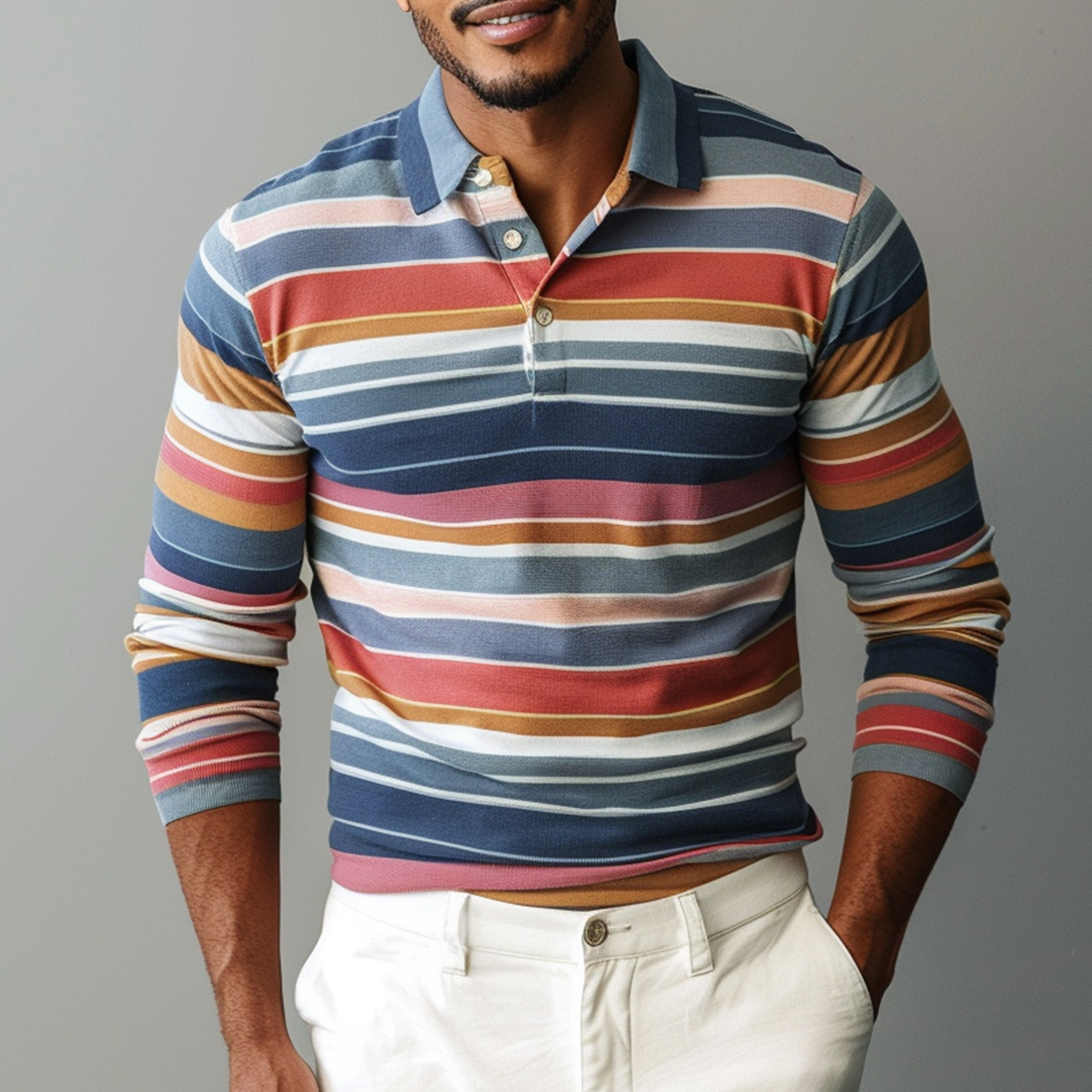 Men's Fall Rainbow Stripes Long Sleeve Polo Shirt