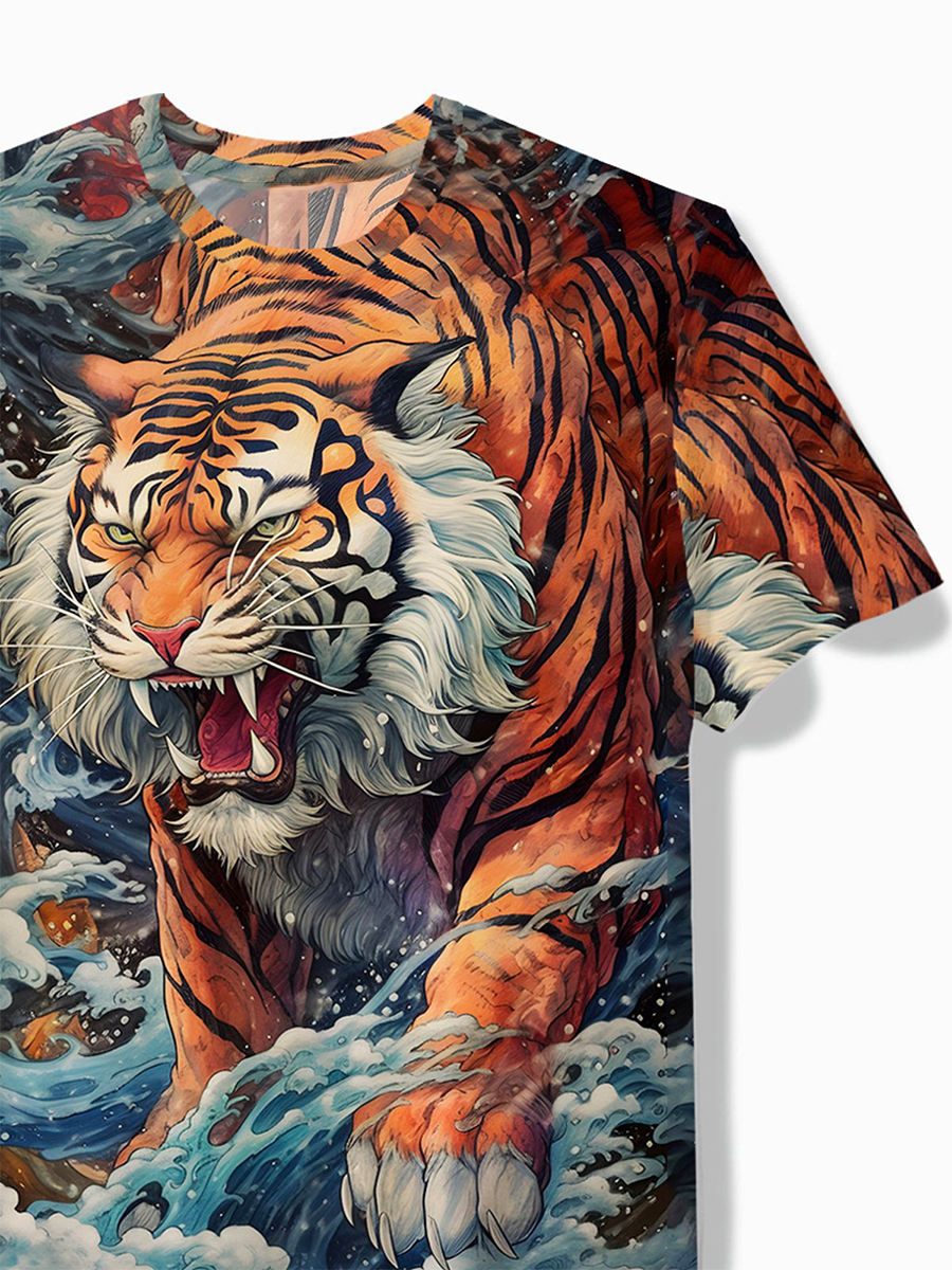 Vintage Japanese Style Ukiyoe Tiger Print Men's T-Shirt Big Tall