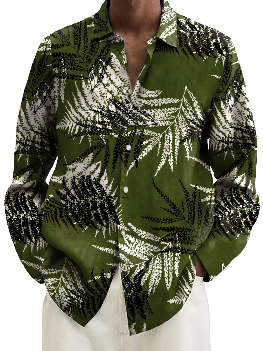 Retro Leaf Print Long Sleeve Hawaiian Shirt