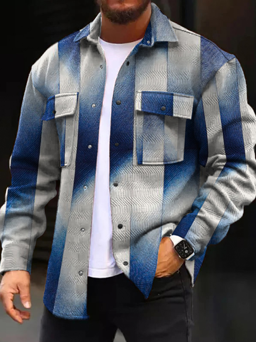 Men's Casual Jacket Vintage Colorblock Long Sleeve Pockets Shirt Jacket