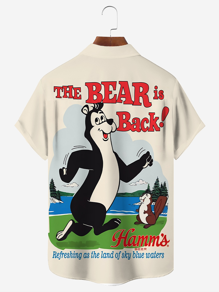 50's Retro Beer Movie Men's Hawaiian Shirts Fun Cartoon Bear Stretch Aloha Camp Pocket Shirts