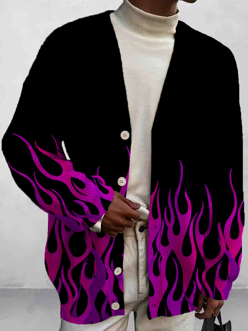 Men's Vintage Flame Print Buttoned Cardigan Sweater