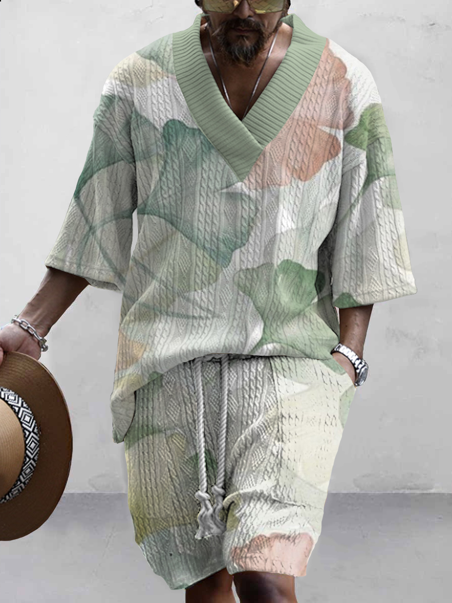 Men's Sets Summer Ginkgo Two-Piece Knit Shirt Shorts Set