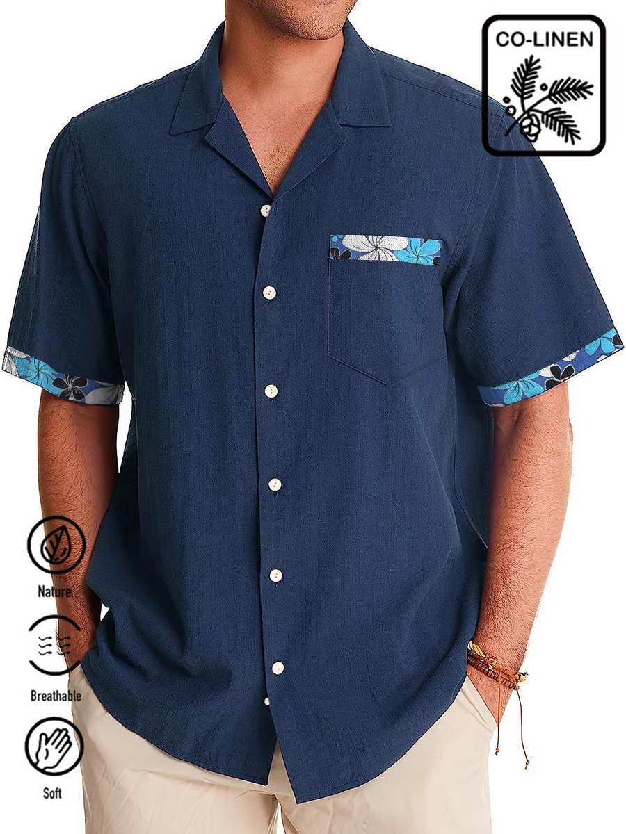 Men's Cotton-Linen Shirts Casual Natural Breathable Summer Hibiscus Lightweight Hawaiian Shirts