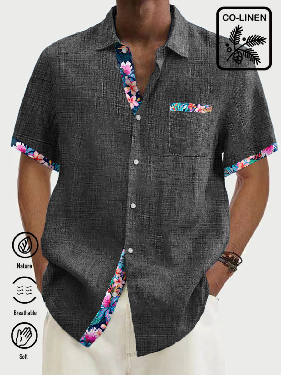 Men's Cotton-Linen Shirts Casual Natural Breathable Summer Hibiscus Lightweight Hawaiian Shirts