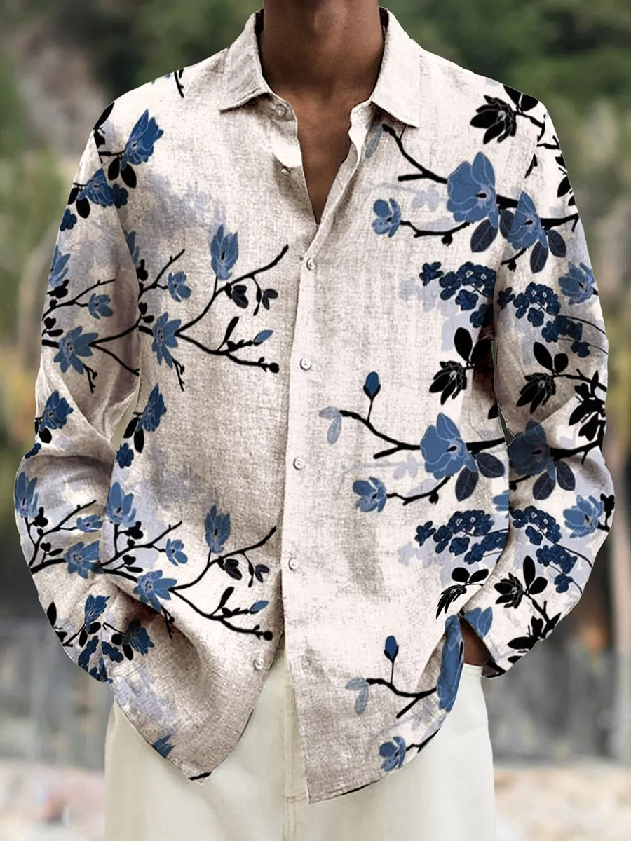 Men's Casual Shirt Floral Print Turndown Long Sleeve Print Shirt