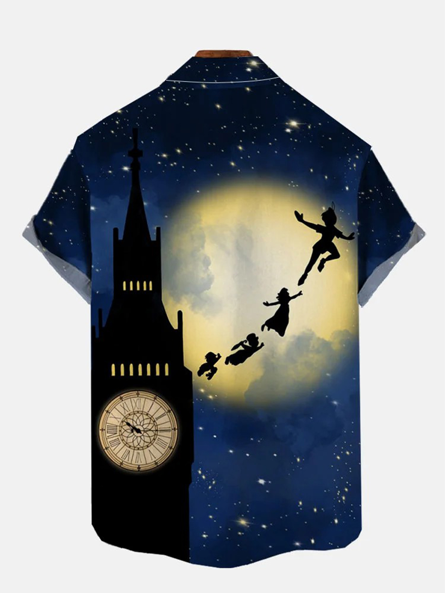 Cartoon Fairy Tale Magic Boy And Clock Tower Silhouettes Printing Short Sleeve Shirt