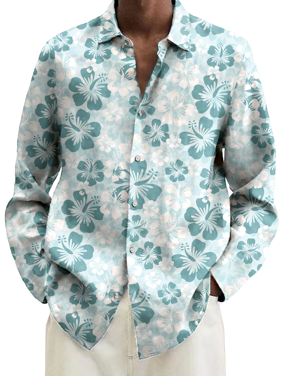 Men's Hibiscus Print Casual Loose Long Sleeved Shirt