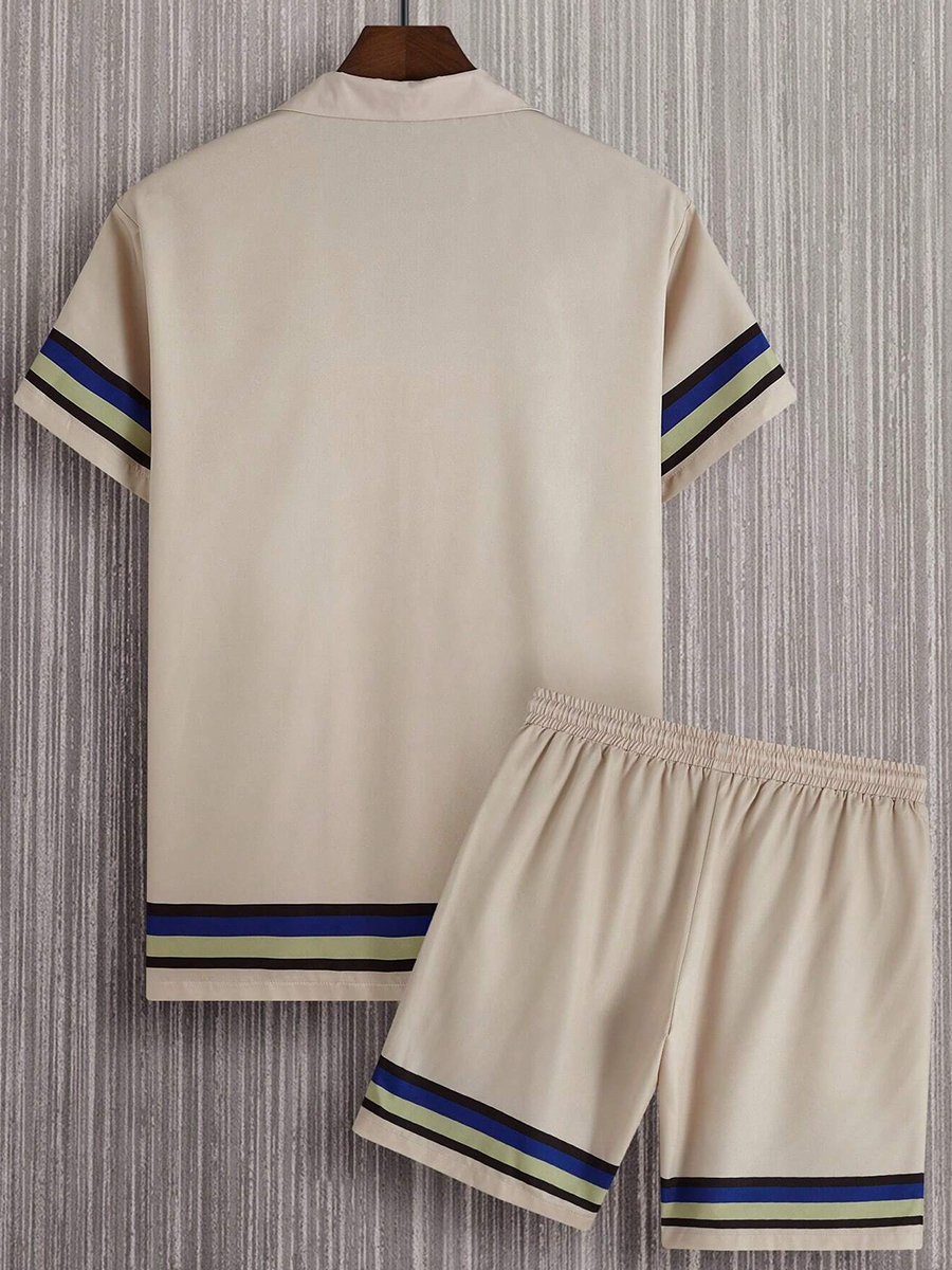 Men's Sets Hawaiian Lines Print Button Pocket Two-Piece Shirt Shorts Set