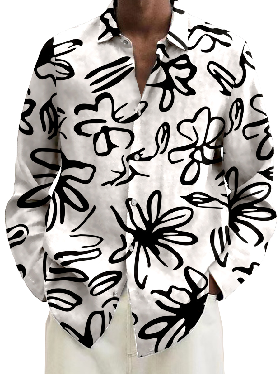 Retro Hand Drawn Floral Print Long Sleeve Hawaiian Shirt