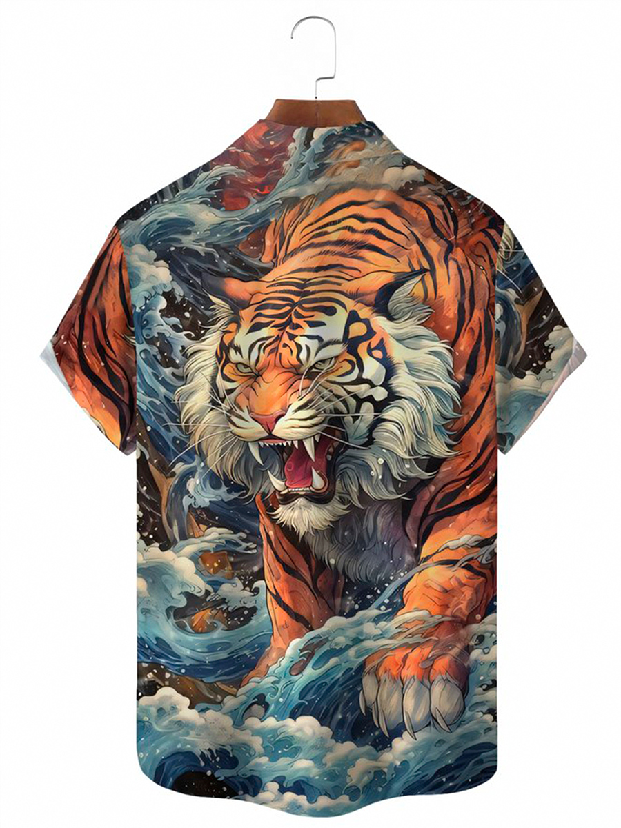 Vintage Ukiyoe Tiger Print Men's Button Pocket Shirt