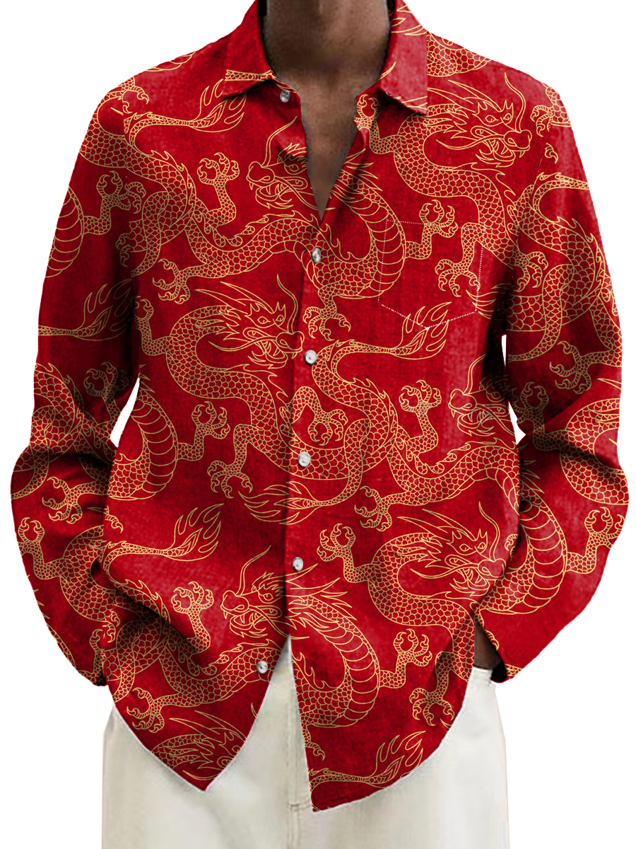 Japanese Style New Year Retro Dragon Pattern Casual Loose Long Sleeved Shirt