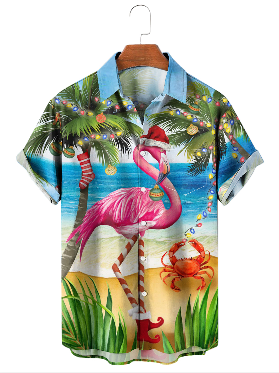 Hawaiian Christmas Flamingo Art Pattern Short Sleeve Shirt