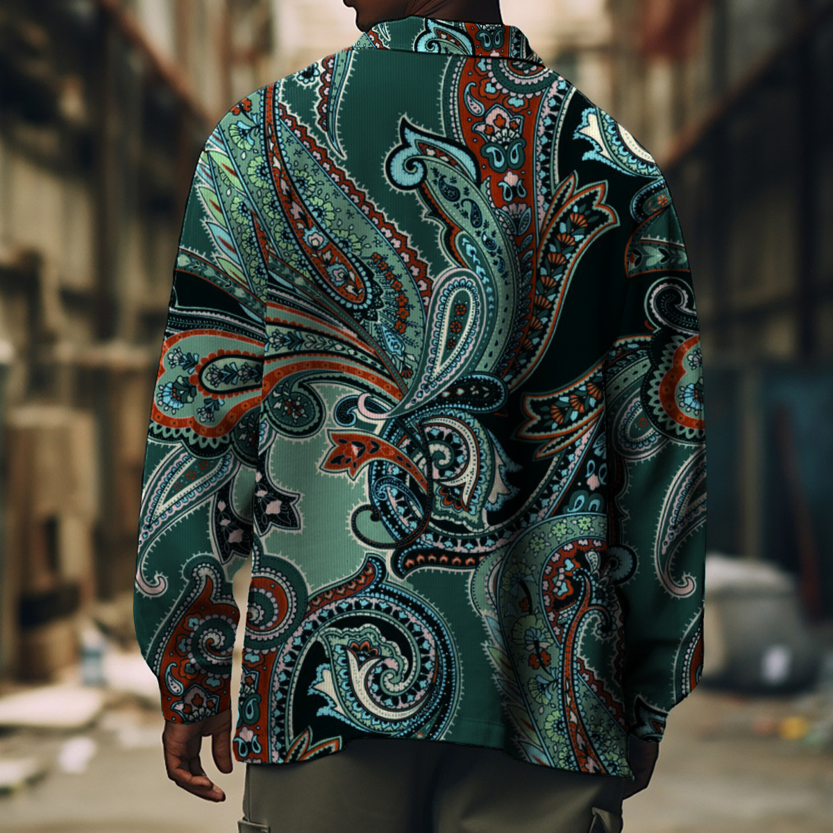 Men's Casual Jacket Retro Paisley Pattern Long Sleeve Pockets Shirt Jacket