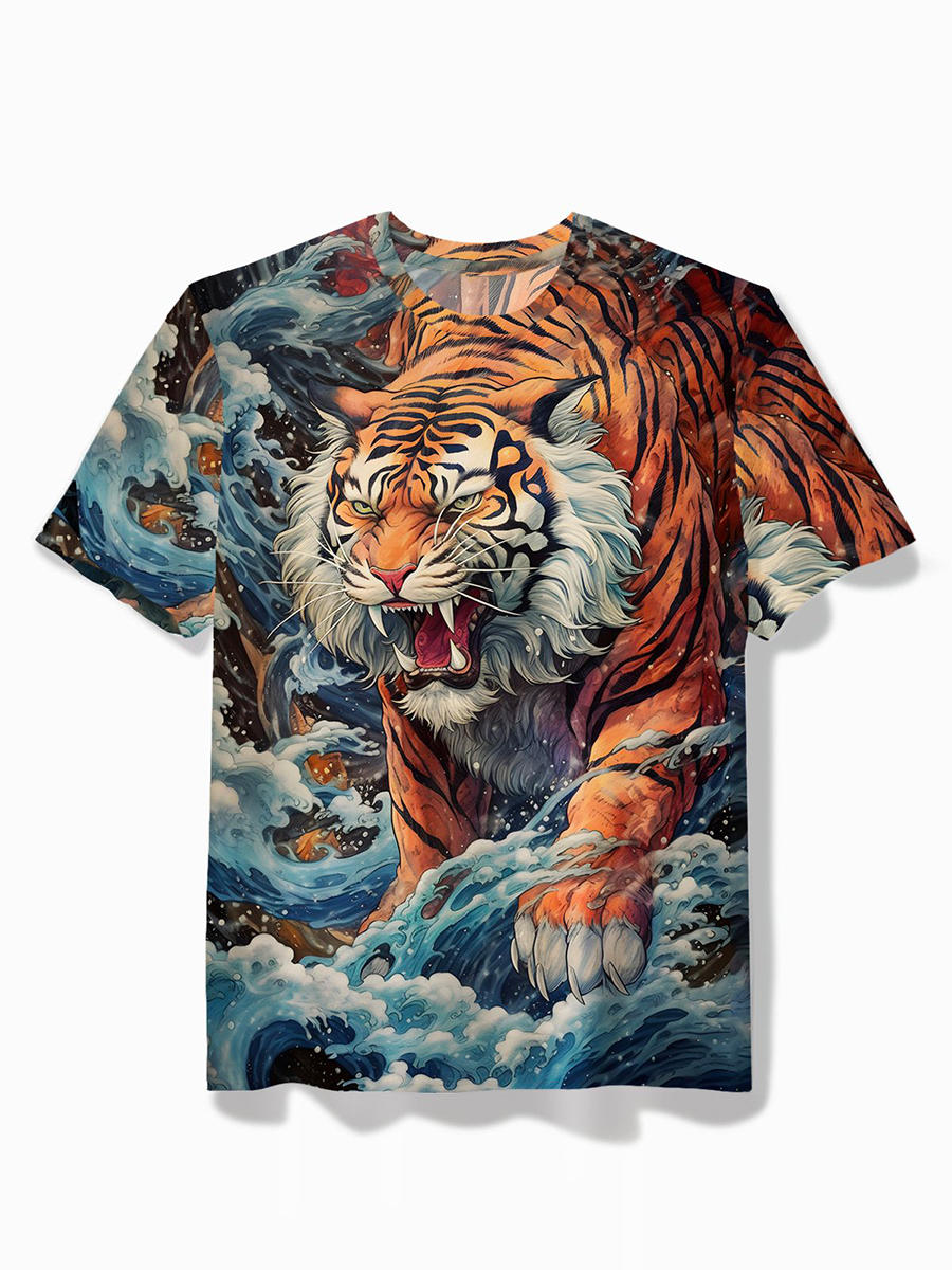 Vintage Japanese Style Ukiyoe Tiger Print Men's T-Shirt Big Tall