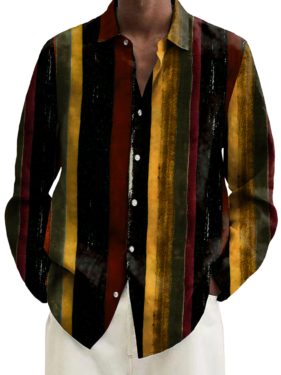 Men's Shirt Retro Stripes Print Casual Vacation Oversized Long Sleeve Shirt