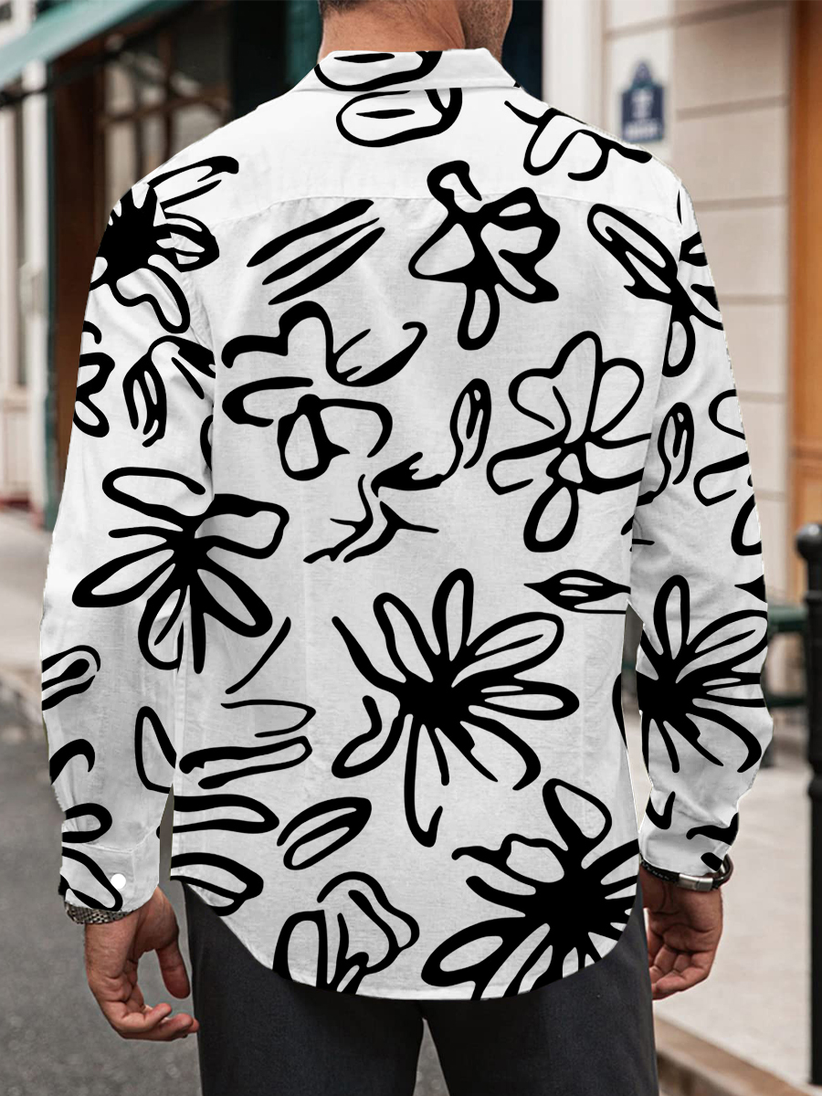 Retro Hand Drawn Floral Print Long Sleeve Hawaiian Shirt