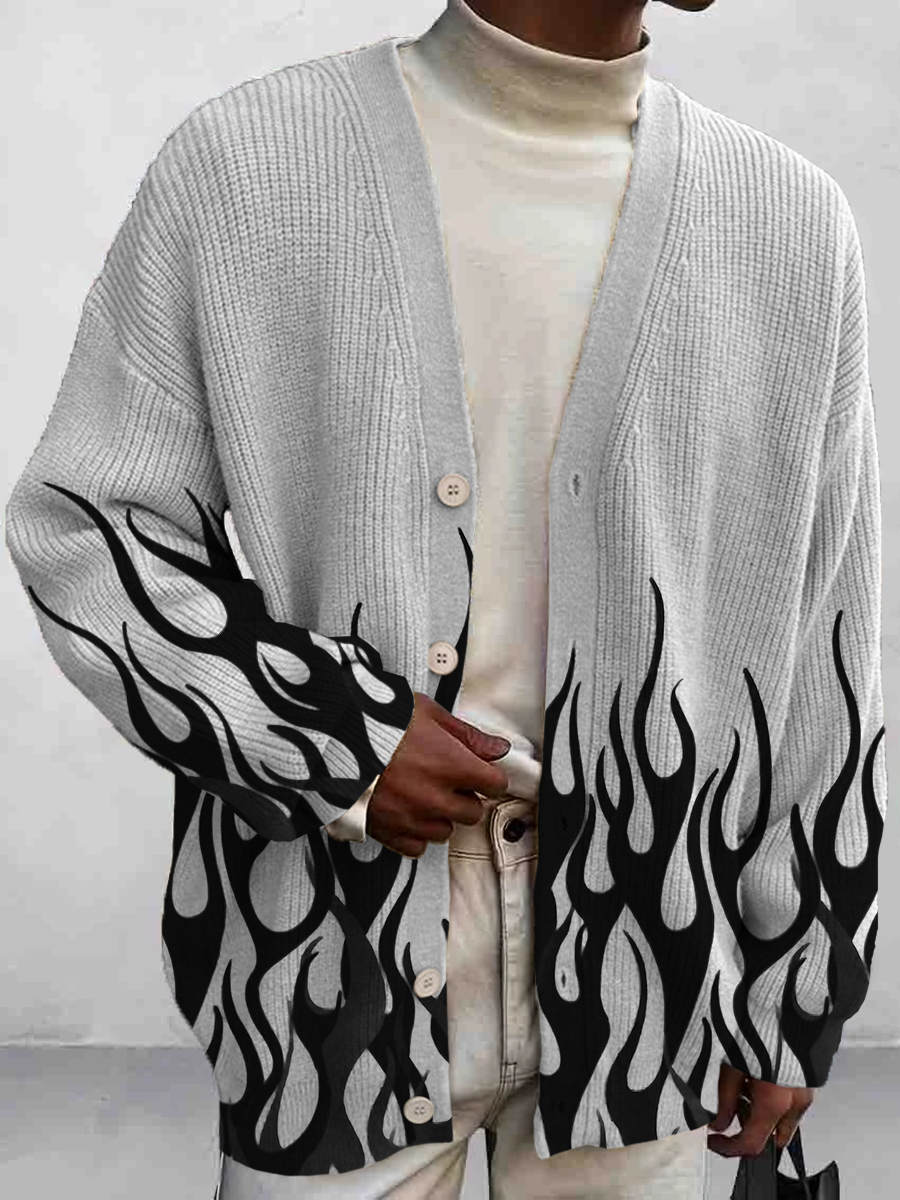 Men's Vintage Flame Print Buttoned Cardigan Sweater