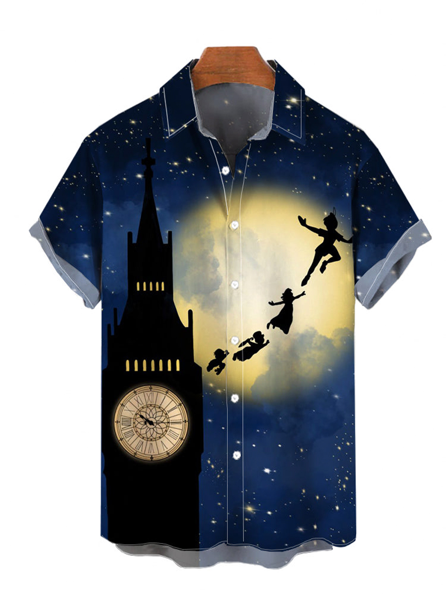 Cartoon Fairy Tale Magic Boy And Clock Tower Silhouettes Printing Short Sleeve Shirt