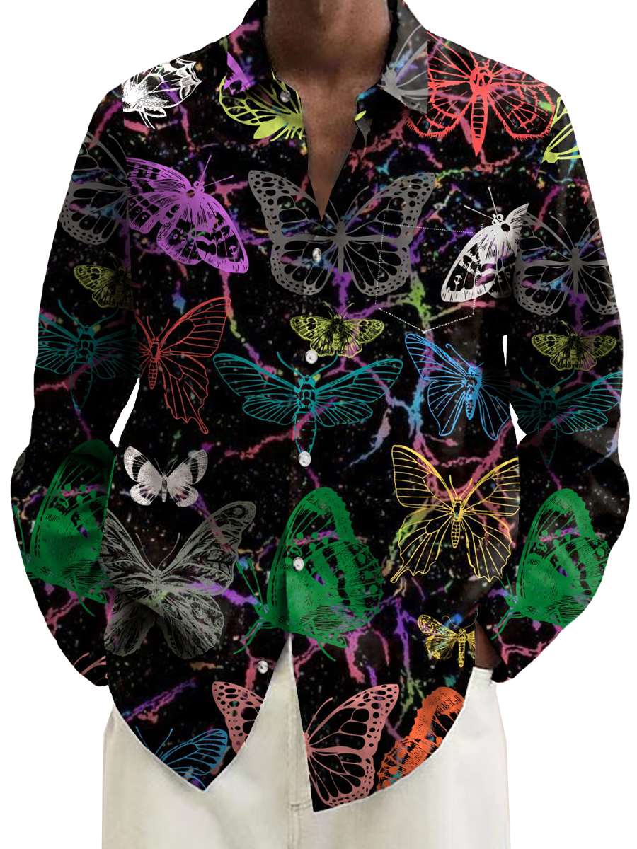 Casual Colorful Butterfly Print Long Sleeve Hawaiian Shirt