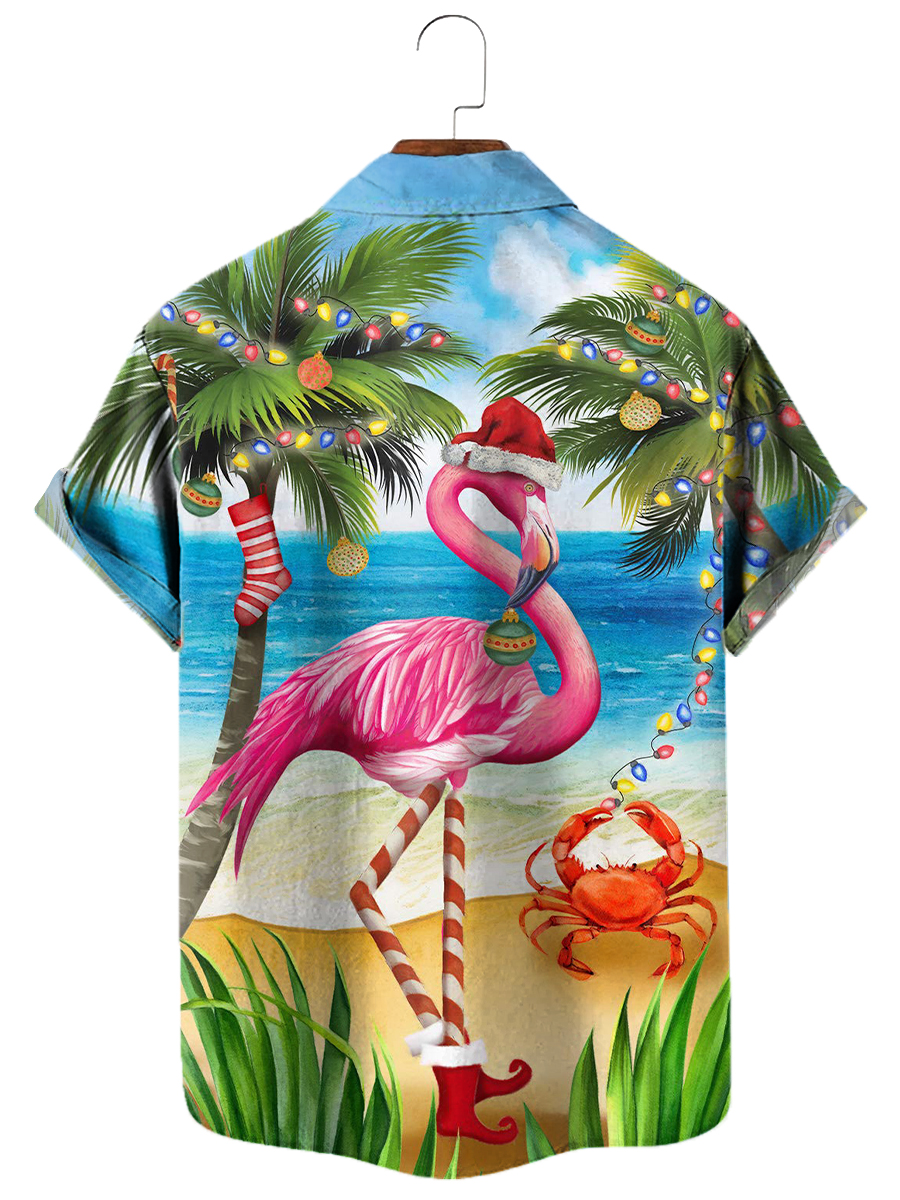 Hawaiian Christmas Flamingo Art Pattern Short Sleeve Shirt