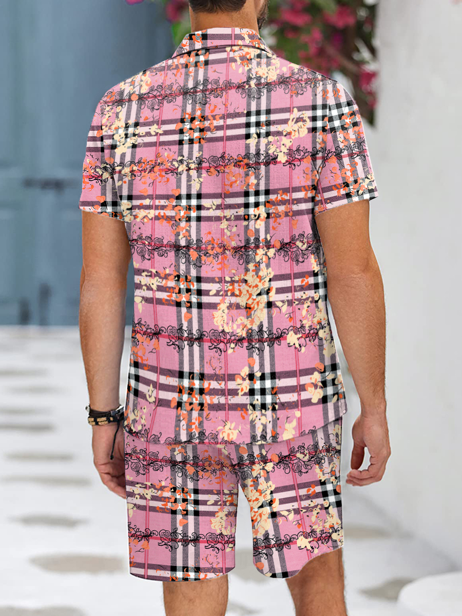Men's Sets Stylish Floral Plaid Print Button Pocket Two-Piece Hawaiian Shirt Shorts Set